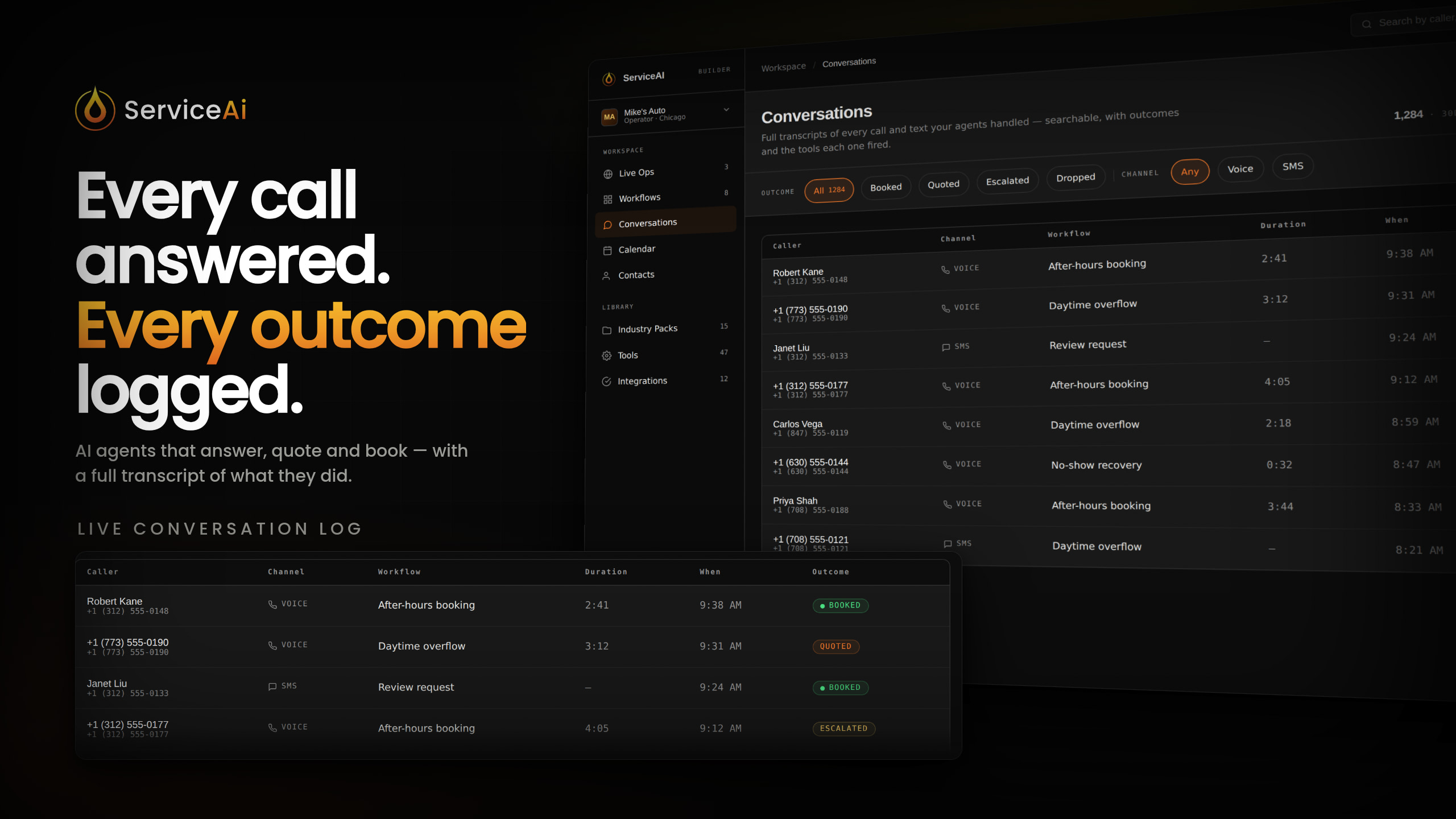 ServiceAi conversation operations dashboard with sample call outcomes